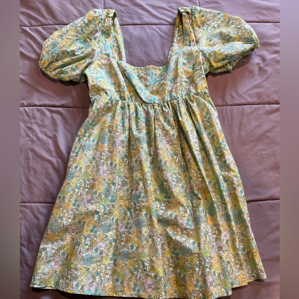 Floral Puff-Sleeve Mini Dress in Green and Yellow